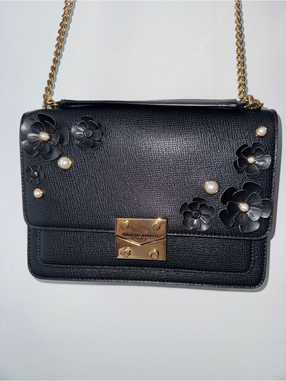 Karl Lagerfeld Black Floral-Appliqué Crossbody with Gold Hardware - Picture 3 of 7